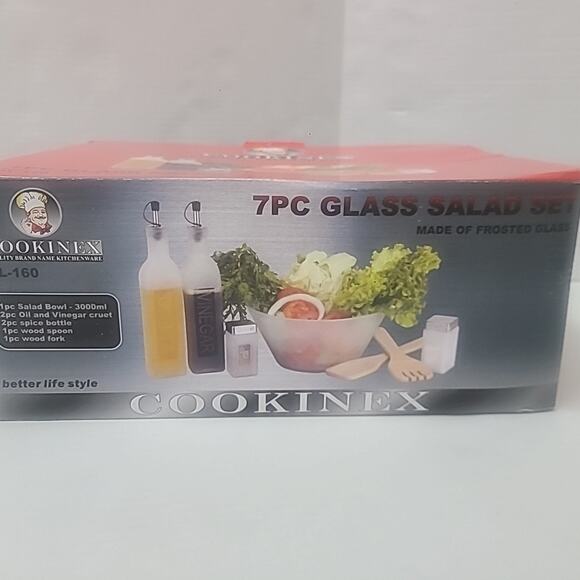COOKINEX 7 Piece Frosted Glass Salad Set Bowl Oil Vinegar Cruet 2 Spice Bottle - Picture 2 of 4